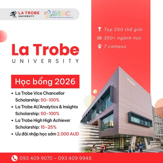 Du Học Úc 2026: La Trobe University Mở Đơn Học Bổng 50–100% Cho Sinh Viên Quốc Tế