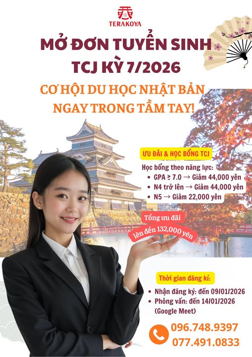 Tuyển Sinh TCJ Kỳ 7/2026 – Du Học Nhật Bản, Học Bổng Đặc Biệt