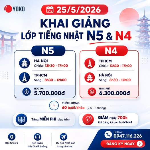 Du học Nhật Bản cùng YOKO và chinh phục khóa học Tiếng Nhật N5/N4 tháng 05/2026